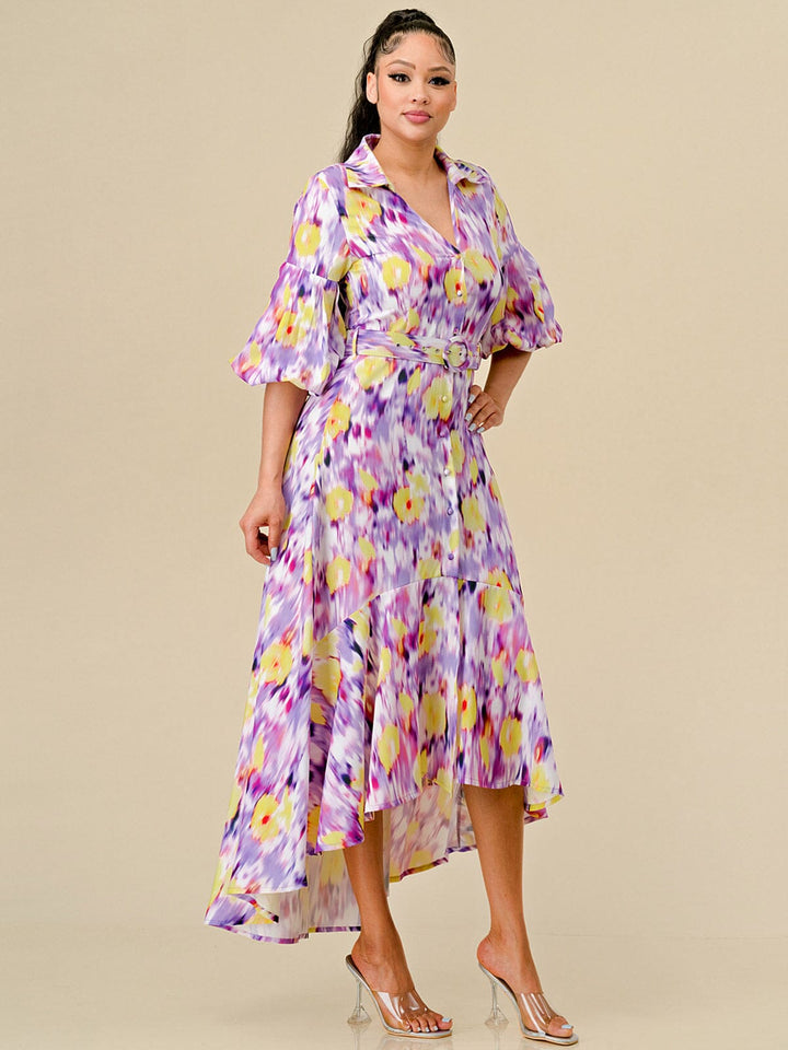 WOMEN'S SHORT SLEEVE BUTTON UP BELTED HIGH-LOW MULTI MAXI DRESS