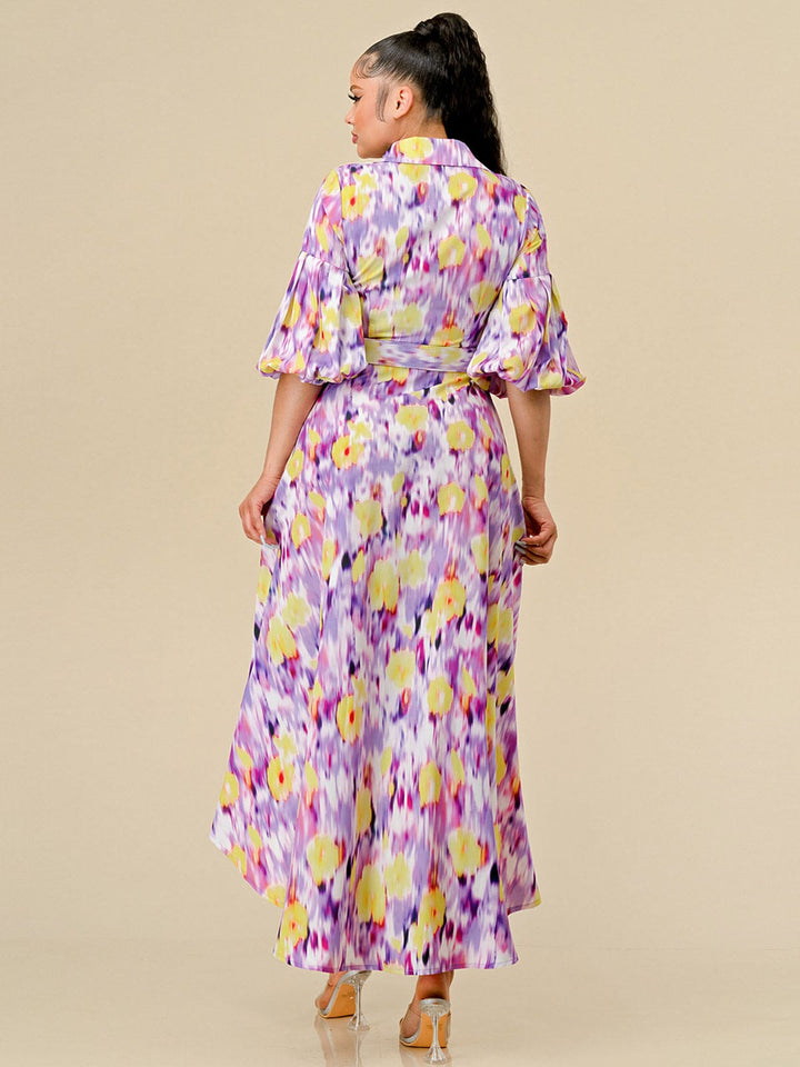 WOMEN'S SHORT SLEEVE BUTTON UP BELTED HIGH-LOW MULTI MAXI DRESS