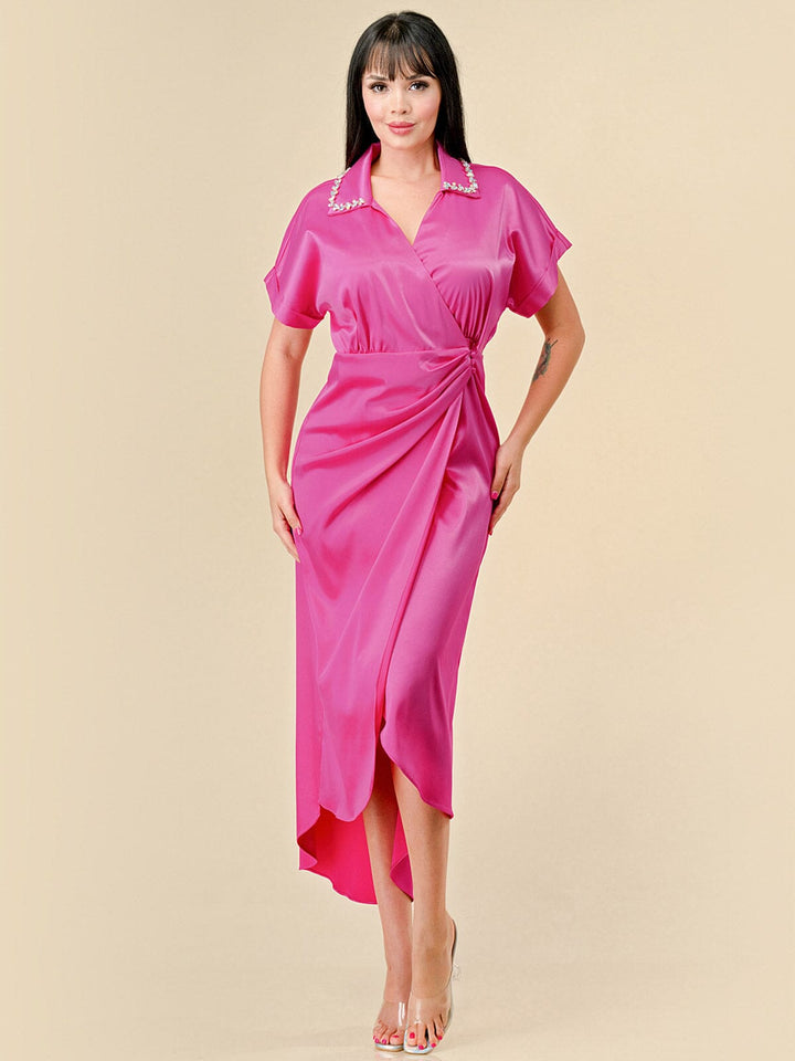 WOMEN'S SHORT SLEEVES STUDS NECK DETAILED HIGH-LOW WRAP MIDI DRESS