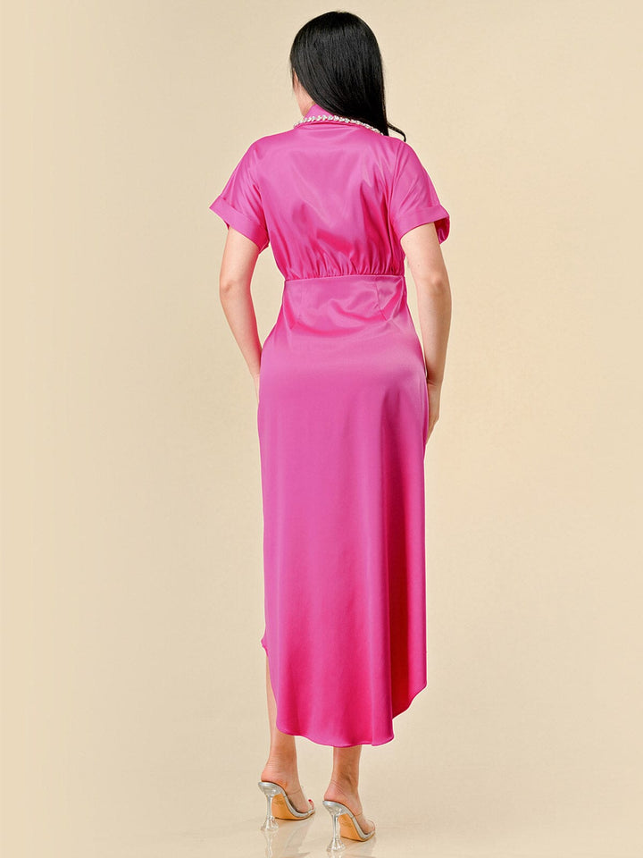 WOMEN'S SHORT SLEEVES STUDS NECK DETAILED HIGH-LOW WRAP MIDI DRESS