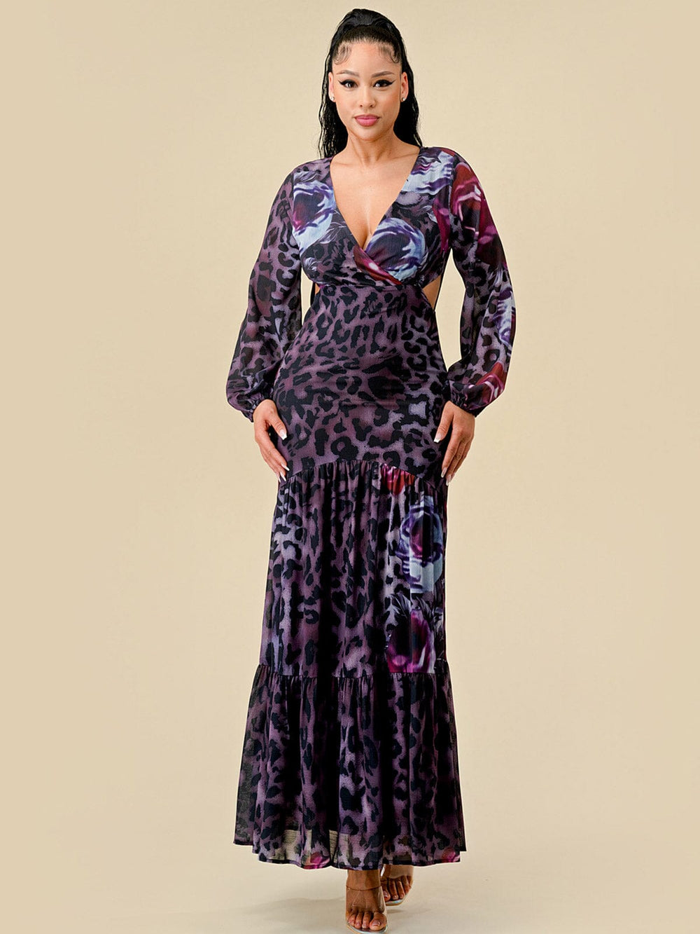 WOMEN'S LONG SLEEVES V-NECK CUT OUT ANIMAL PRINT MAXI DRESS