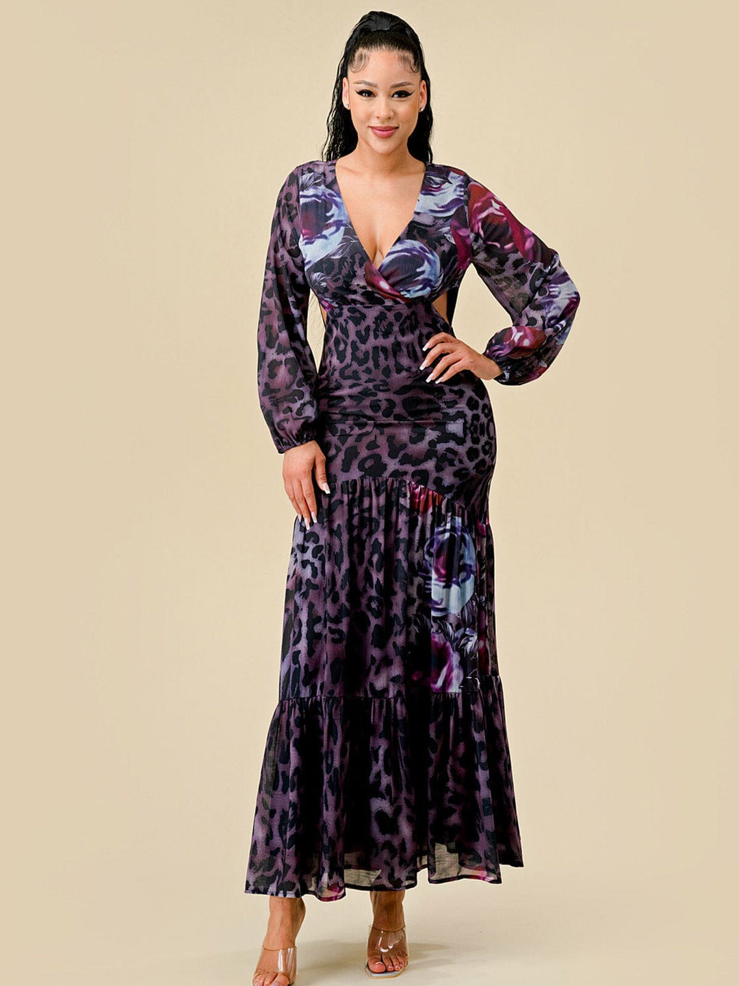 WOMEN'S LONG SLEEVES V-NECK CUT OUT ANIMAL PRINT MAXI DRESS