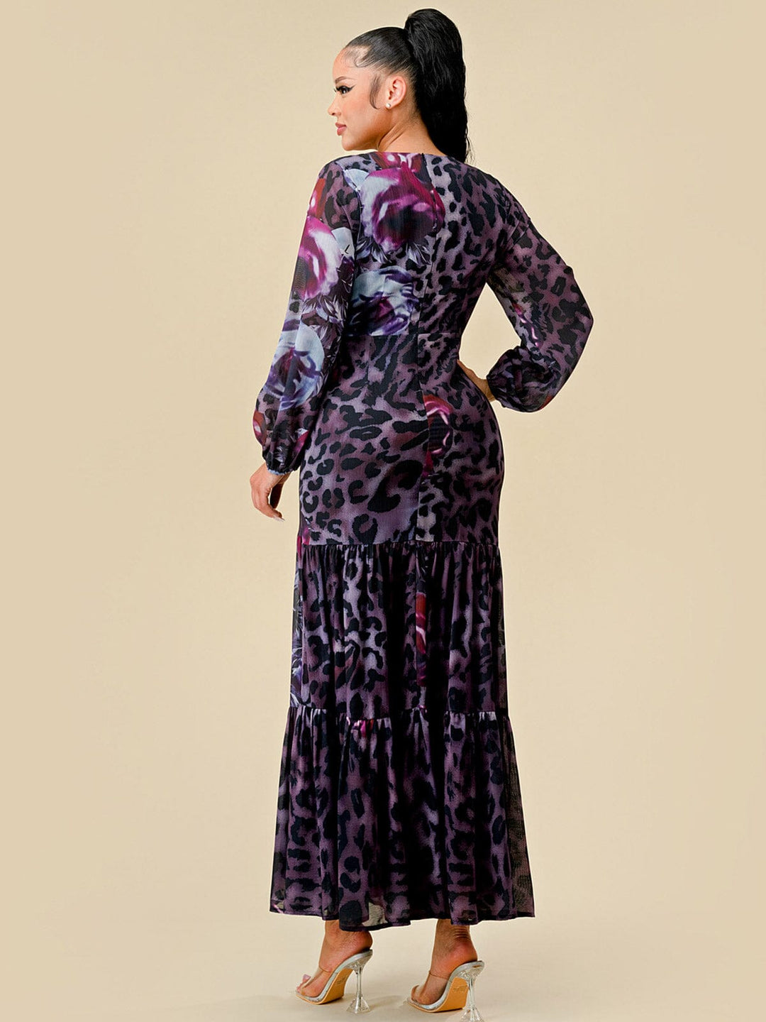 WOMEN'S LONG SLEEVES V-NECK CUT OUT ANIMAL PRINT MAXI DRESS