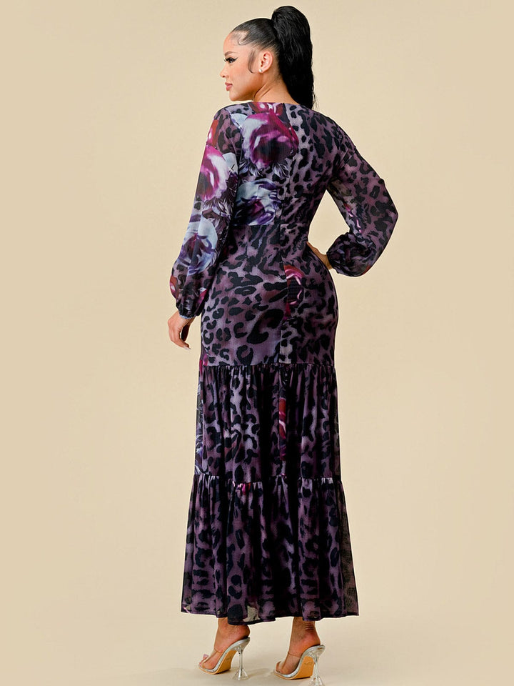 WOMEN'S LONG SLEEVES V-NECK CUT OUT ANIMAL PRINT MAXI DRESS