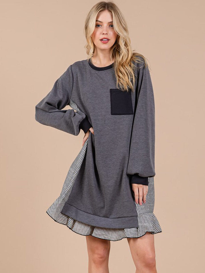 WOMEN'S LONG SLEEVE FRONT POCKET CONTRAST MINI DRESS