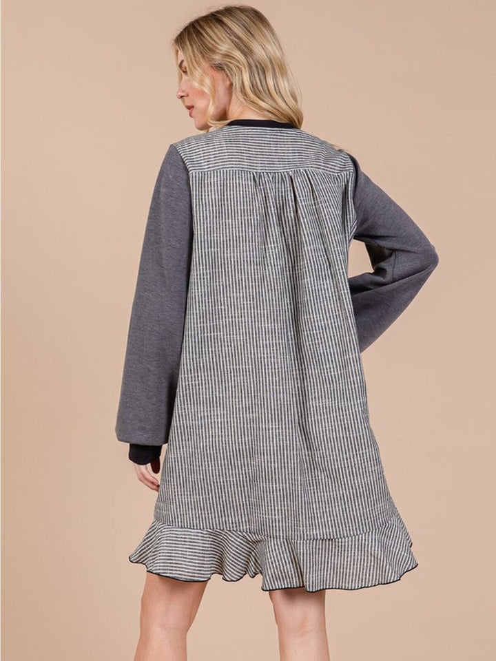 WOMEN'S LONG SLEEVE FRONT POCKET CONTRAST MINI DRESS