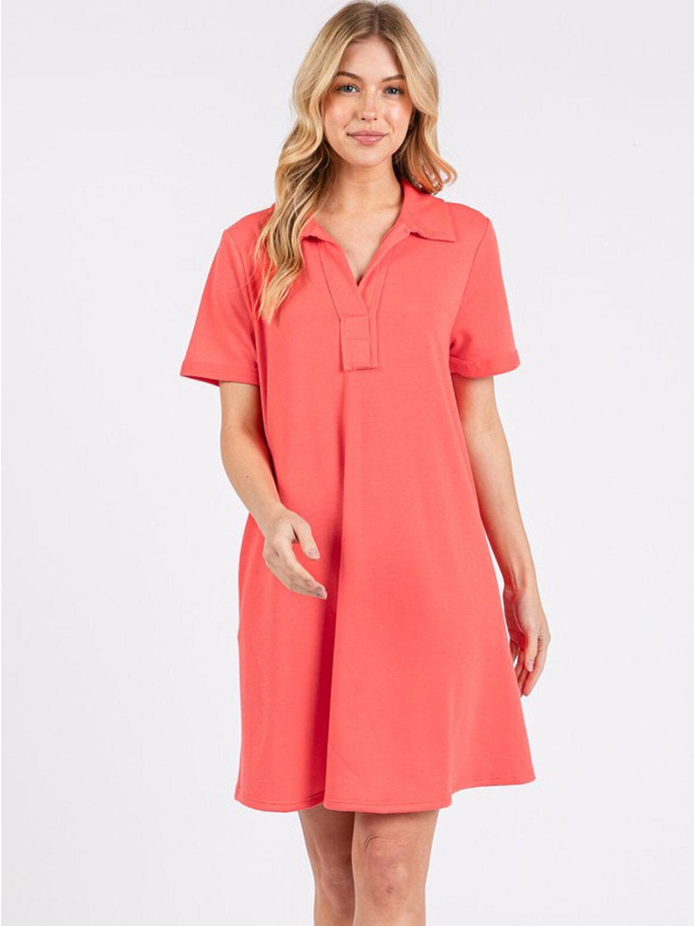 WOMEN'S SHORT SLEEVE BUTTON UP V-NECK FRONT POCKETS MINI DRESS