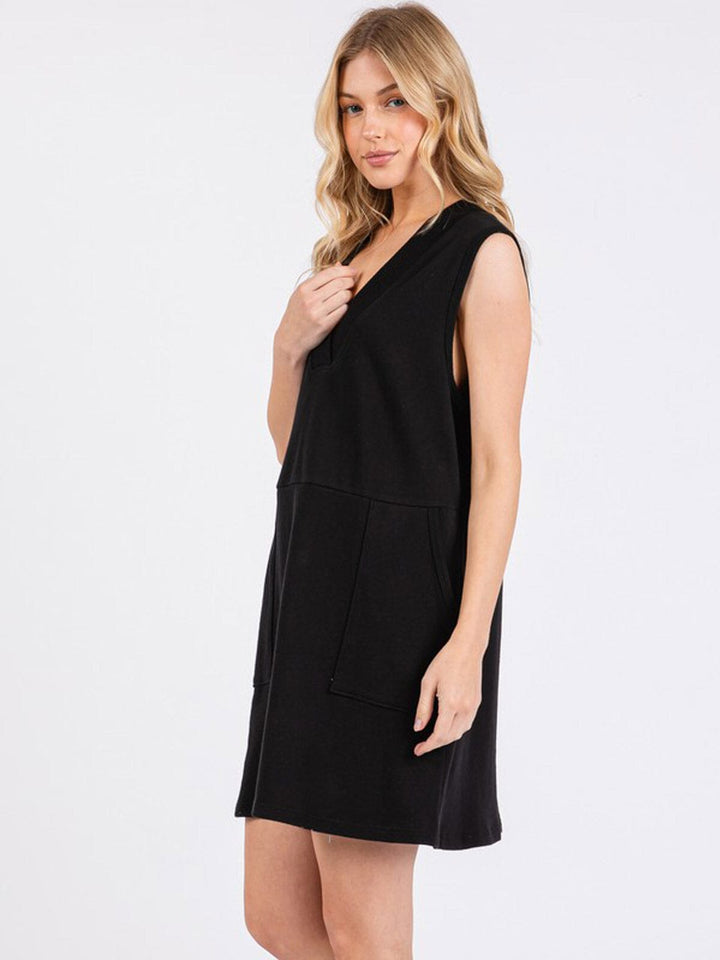 WOMEN'S SLEEVELESS V-NECK FRONT POCKETS LOOSE FIT MINI DRESS