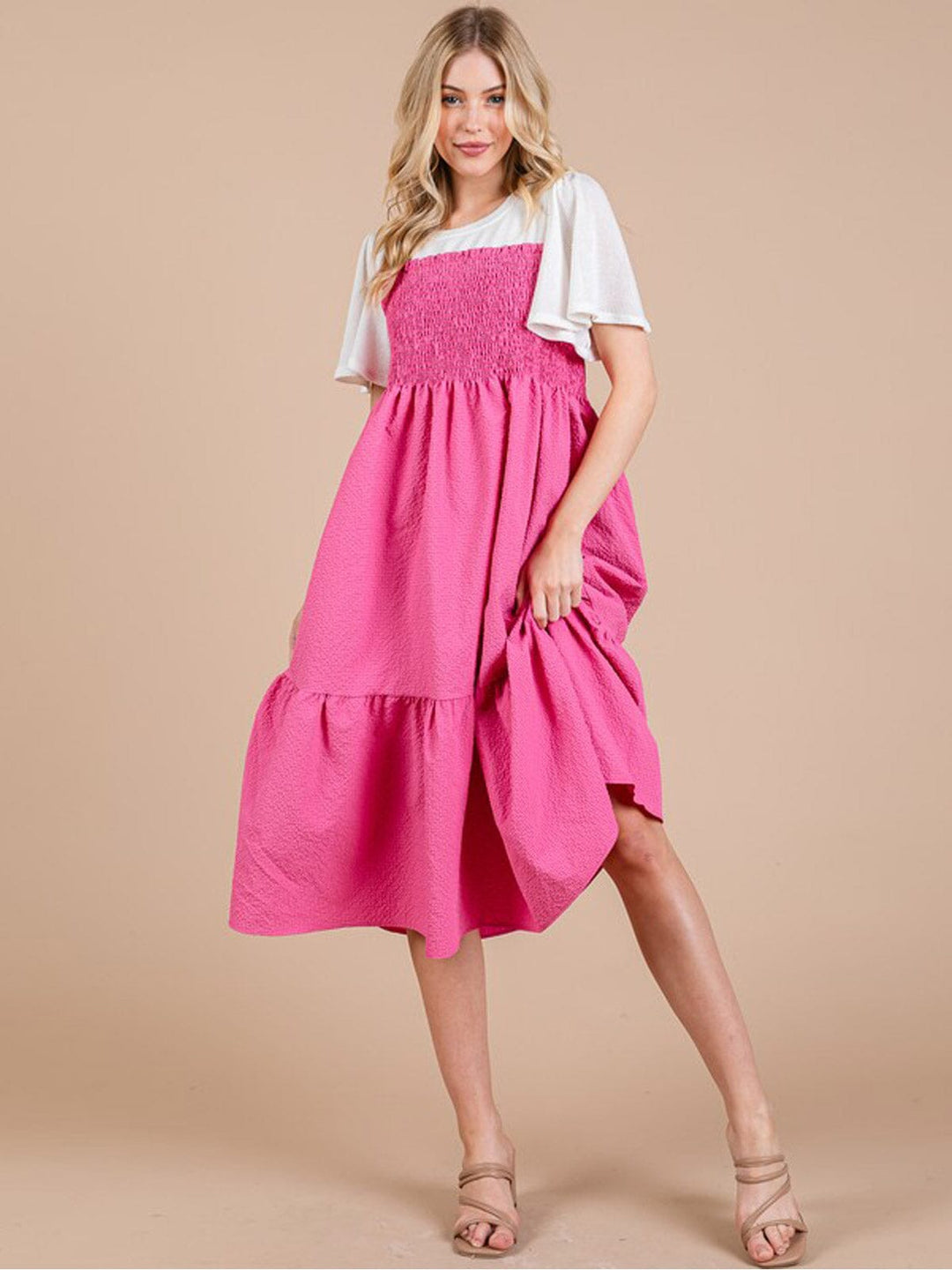 WOMEN'S SHORT SLEEVE COLORBLOCK SMOCK TIERED MIDI DRESS