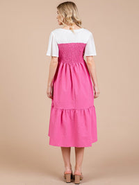 WOMEN'S SHORT SLEEVE COLORBLOCK SMOCK TIERED MIDI DRESS