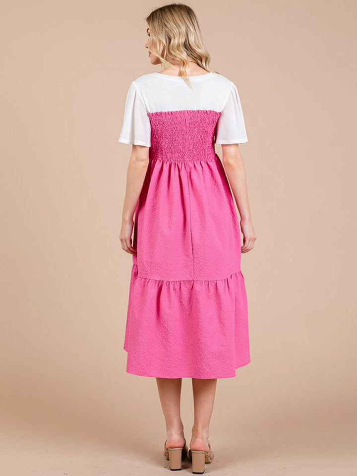 WOMEN'S SHORT SLEEVE COLORBLOCK SMOCK TIERED MIDI DRESS