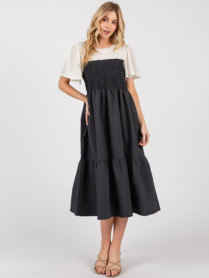 WOMEN'S SHORT SLEEVE COLORBLOCK SMOCK TIERED MIDI DRESS