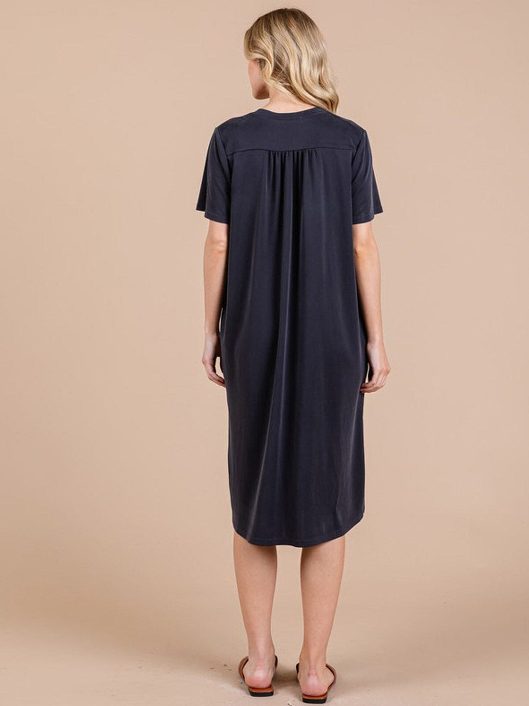 WOMEN'S SHORT SLEEVE V-NECK FRONT POCKETS SLIT MIDI DRESS