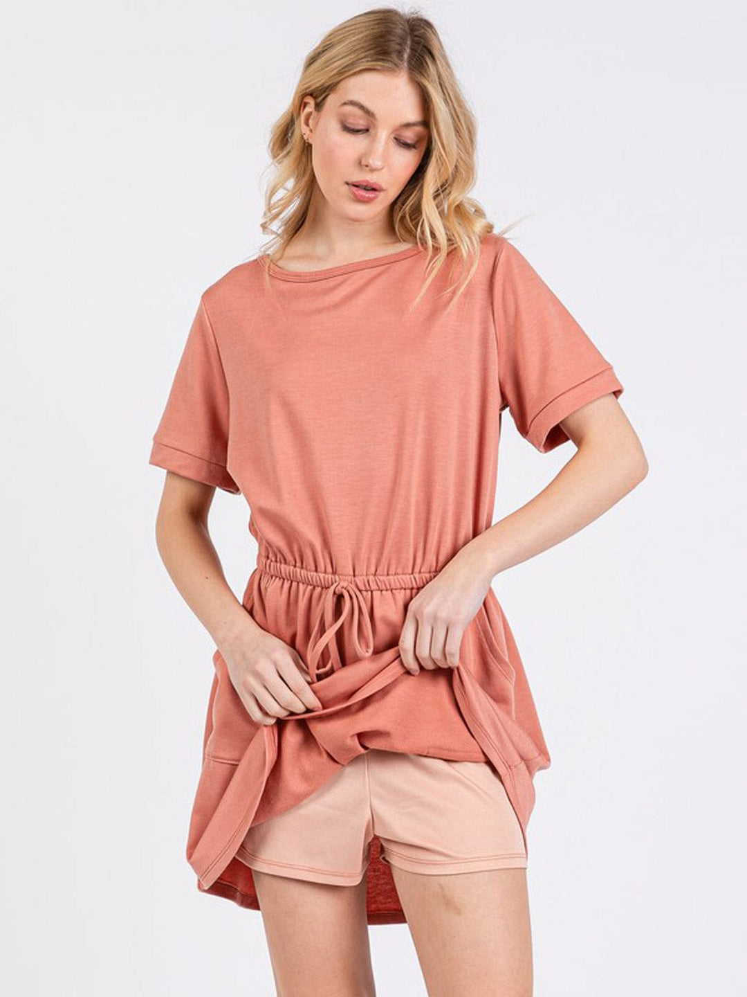 WOMEN'S SHORT SLEEVE FRONT POCKETS ELASTIC WAIST DRESS ROMPER