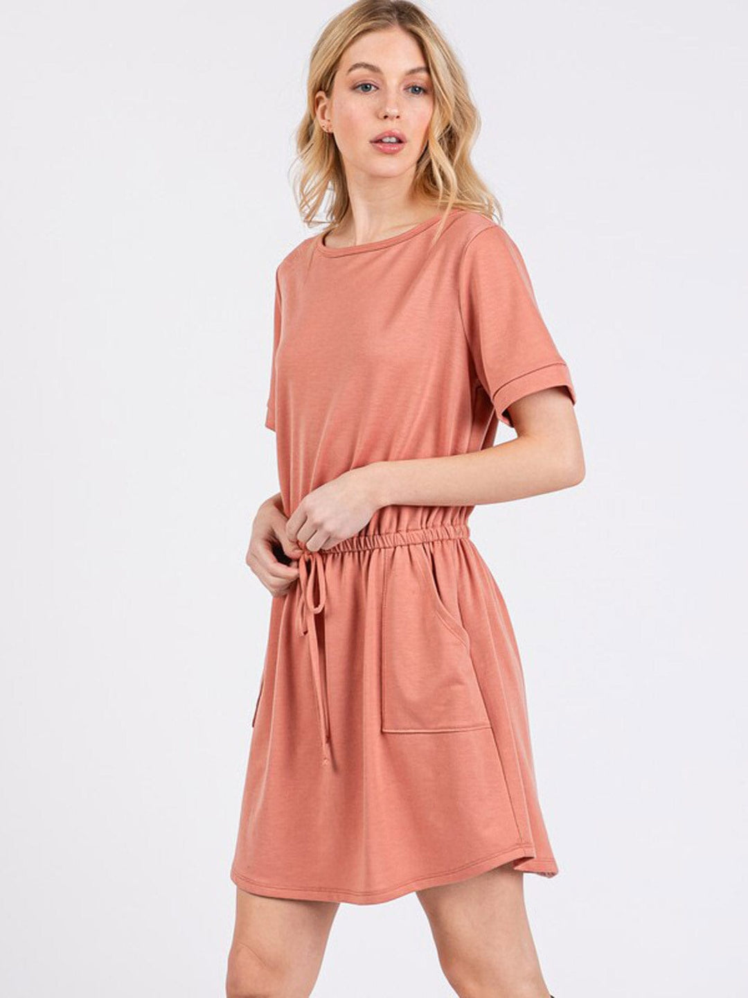 WOMEN'S SHORT SLEEVE FRONT POCKETS ELASTIC WAIST DRESS ROMPER