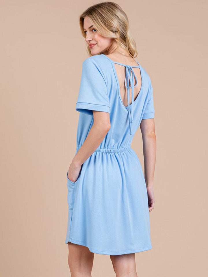 WOMEN'S SHORT SLEEVE FRONT POCKETS ELASTIC WAIST DRESS ROMPER