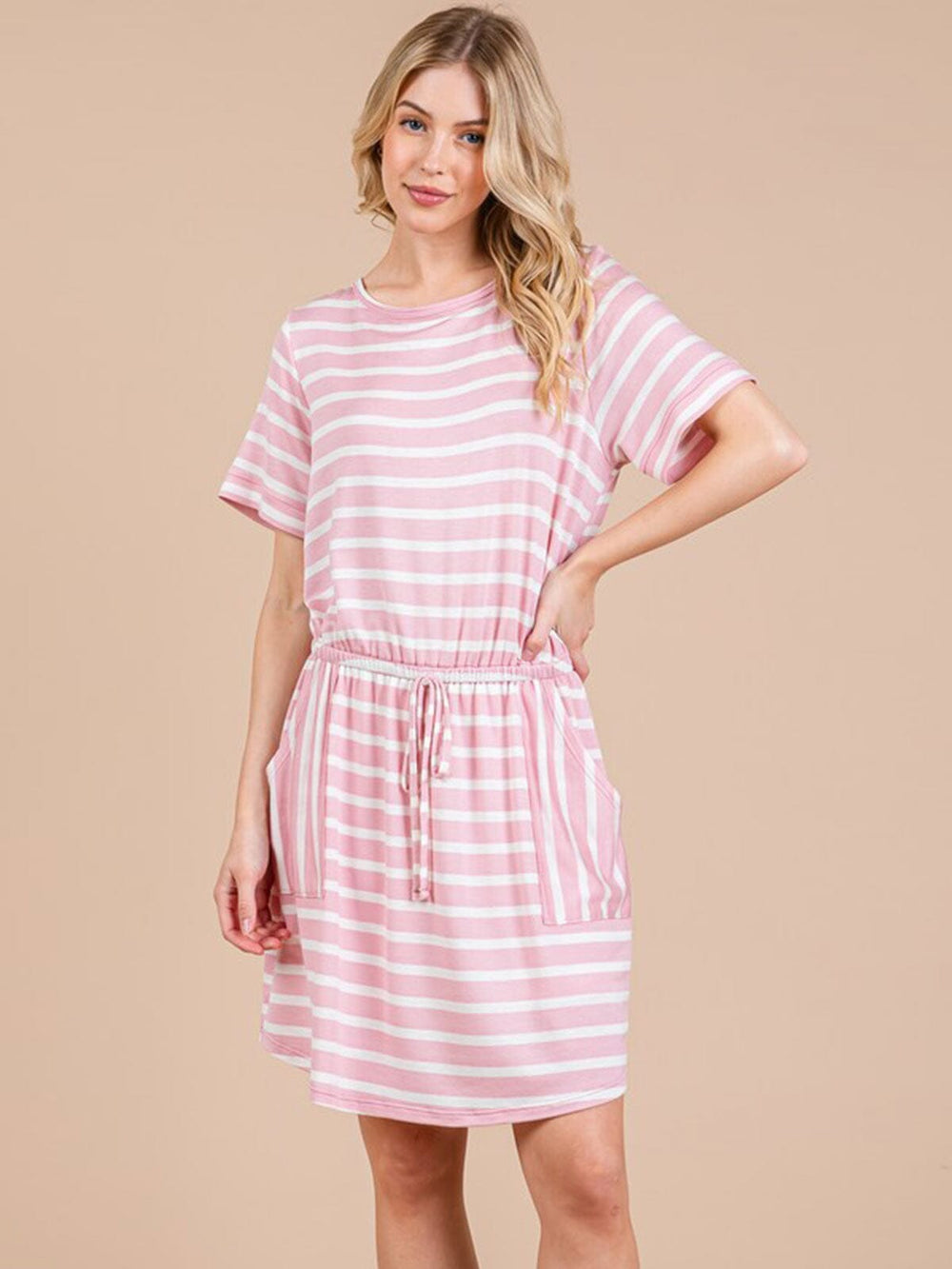 WOMEN'S SHORT SLEEVE ADJUSTABLE WAIST FRONT POCKET STRIPES COLORBLOCK ROMPER MINI DRESS