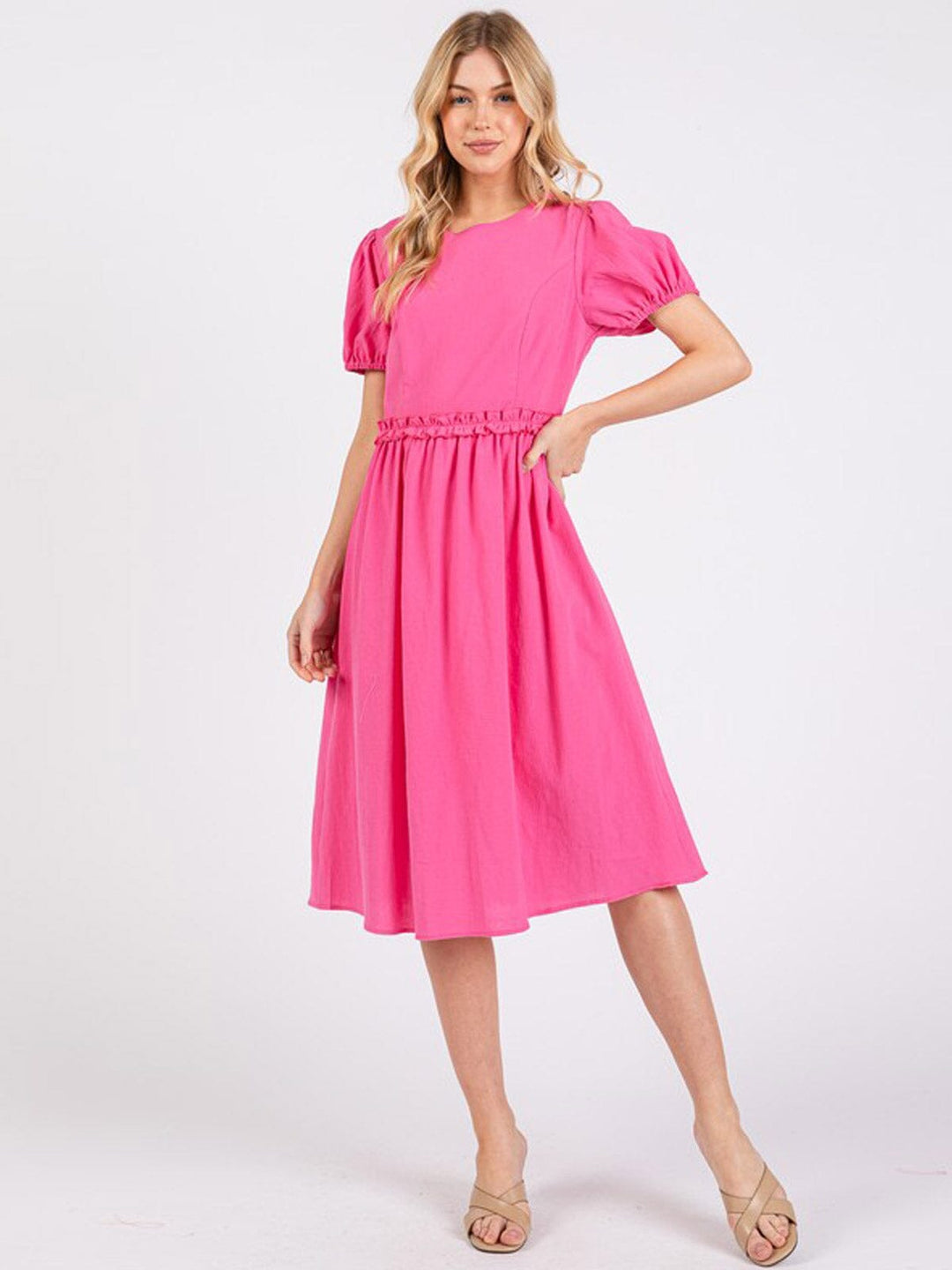 WOMEN'S SHORT SLEEVE ELASTIC WAIST MIDI DRESS