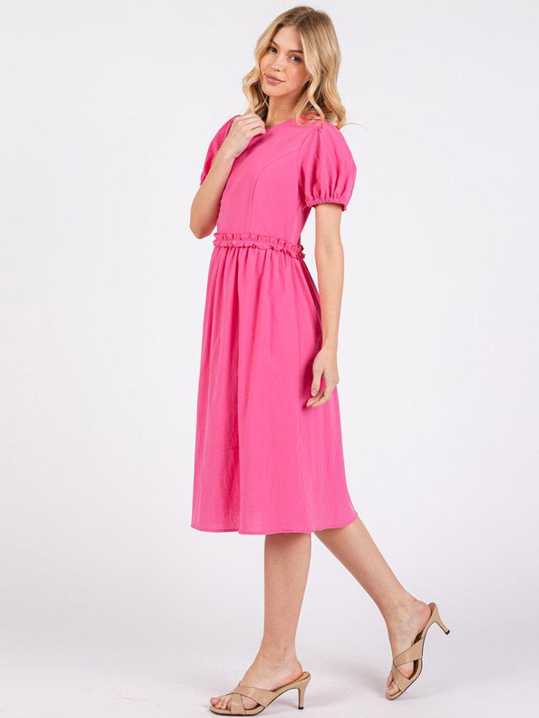 WOMEN'S SHORT SLEEVE ELASTIC WAIST MIDI DRESS