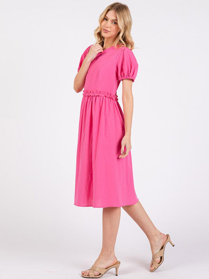 WOMEN'S SHORT SLEEVE ELASTIC WAIST MIDI DRESS