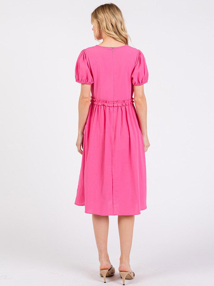 WOMEN'S SHORT SLEEVE ELASTIC WAIST MIDI DRESS