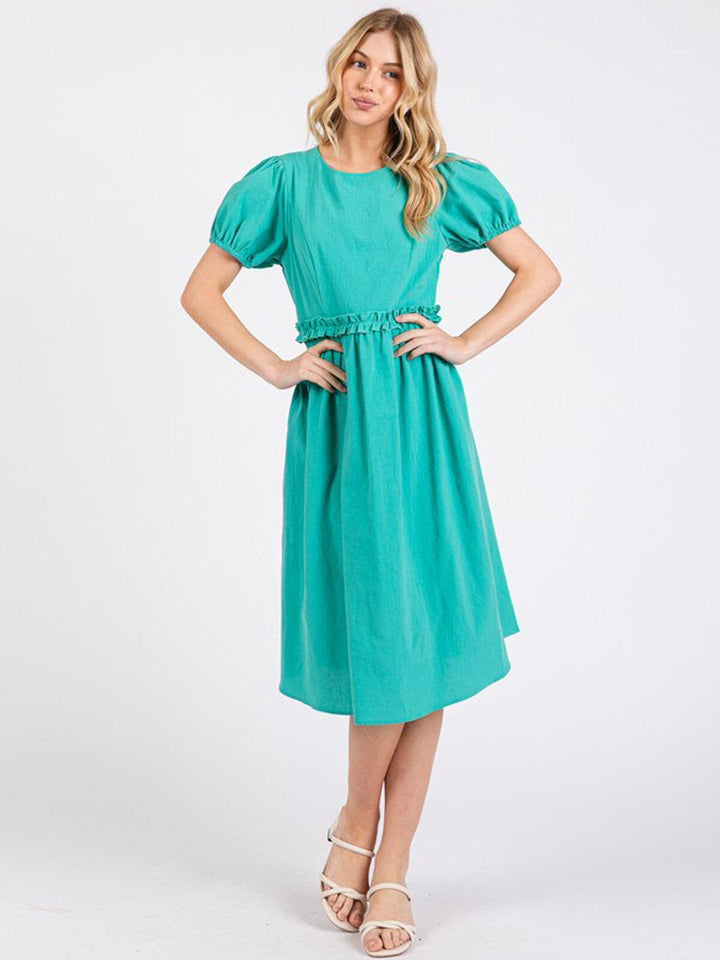 WOMEN'S SHORT SLEEVE ELASTIC WAIST MIDI DRESS