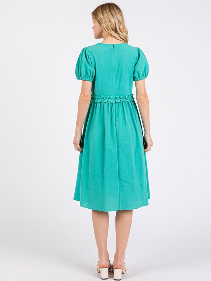 WOMEN'S SHORT SLEEVE ELASTIC WAIST MIDI DRESS