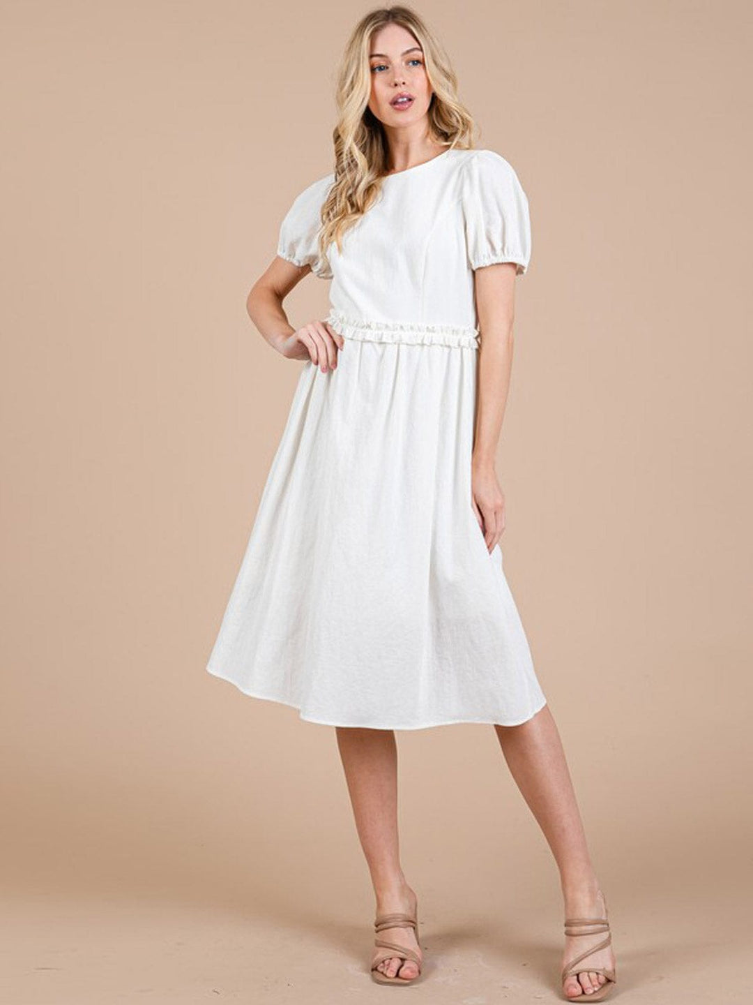 WOMEN'S SHORT SLEEVE ELASTIC WAIST MIDI DRESS