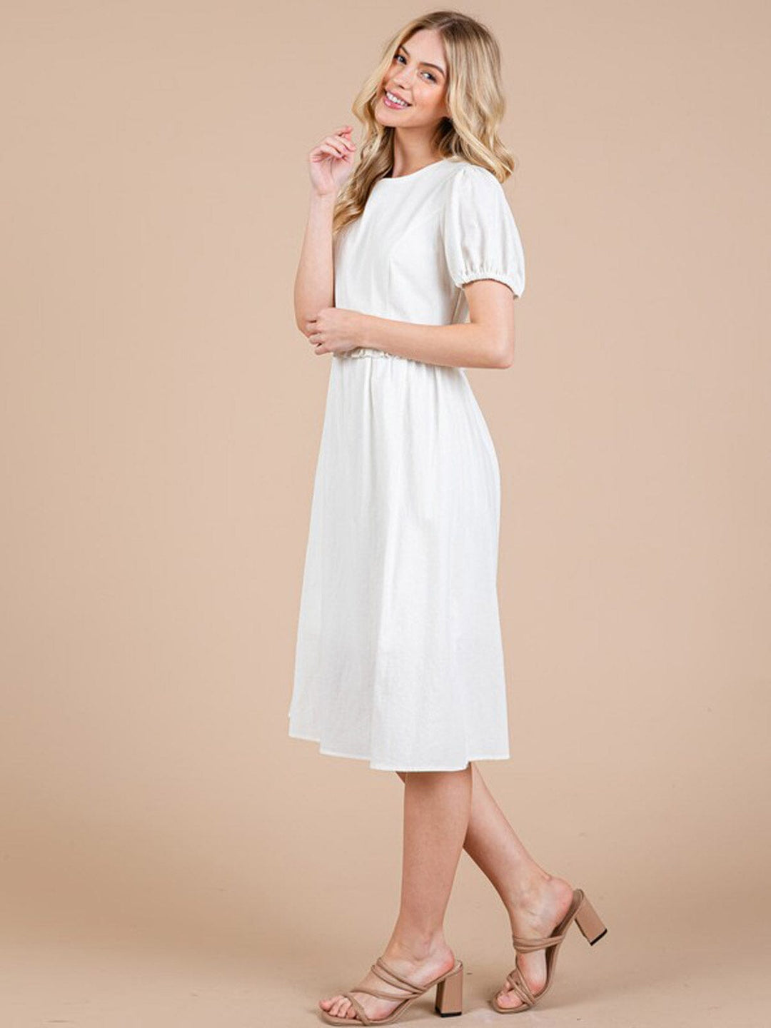 WOMEN'S SHORT SLEEVE ELASTIC WAIST MIDI DRESS