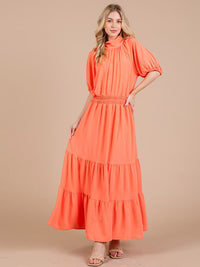 WOMEN'S SHORT SLEEVE ELASTIC WAIST MOCK NECK MAXI DRESS