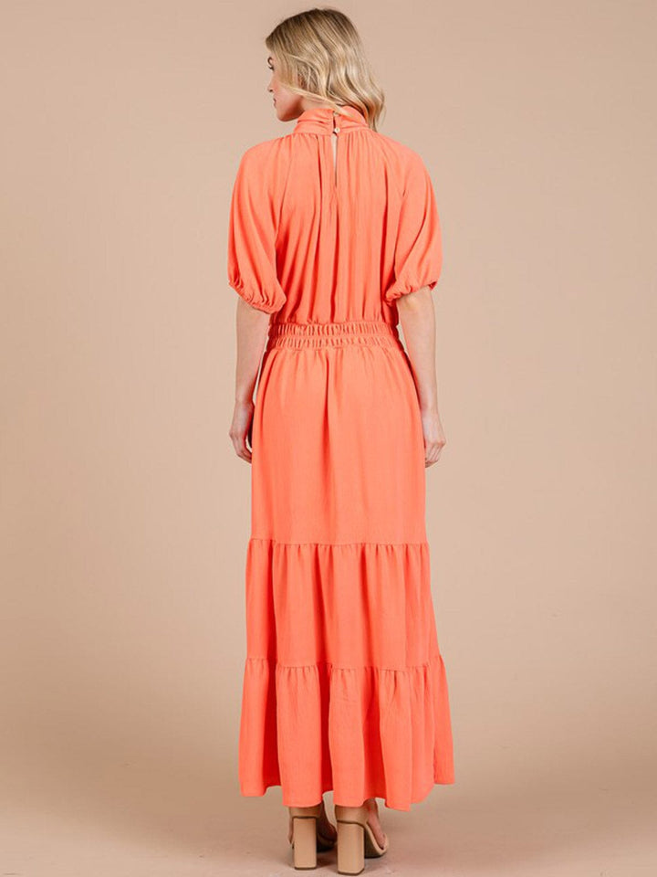 WOMEN'S SHORT SLEEVE ELASTIC WAIST MOCK NECK MAXI DRESS