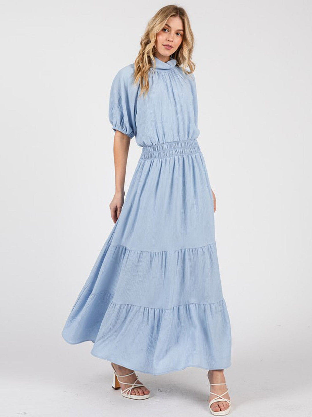 WOMEN'S SHORT SLEEVE ELASTIC WAIST MOCK NECK MAXI DRESS