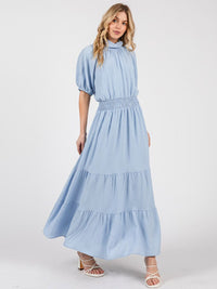 WOMEN'S SHORT SLEEVE ELASTIC WAIST MOCK NECK MAXI DRESS