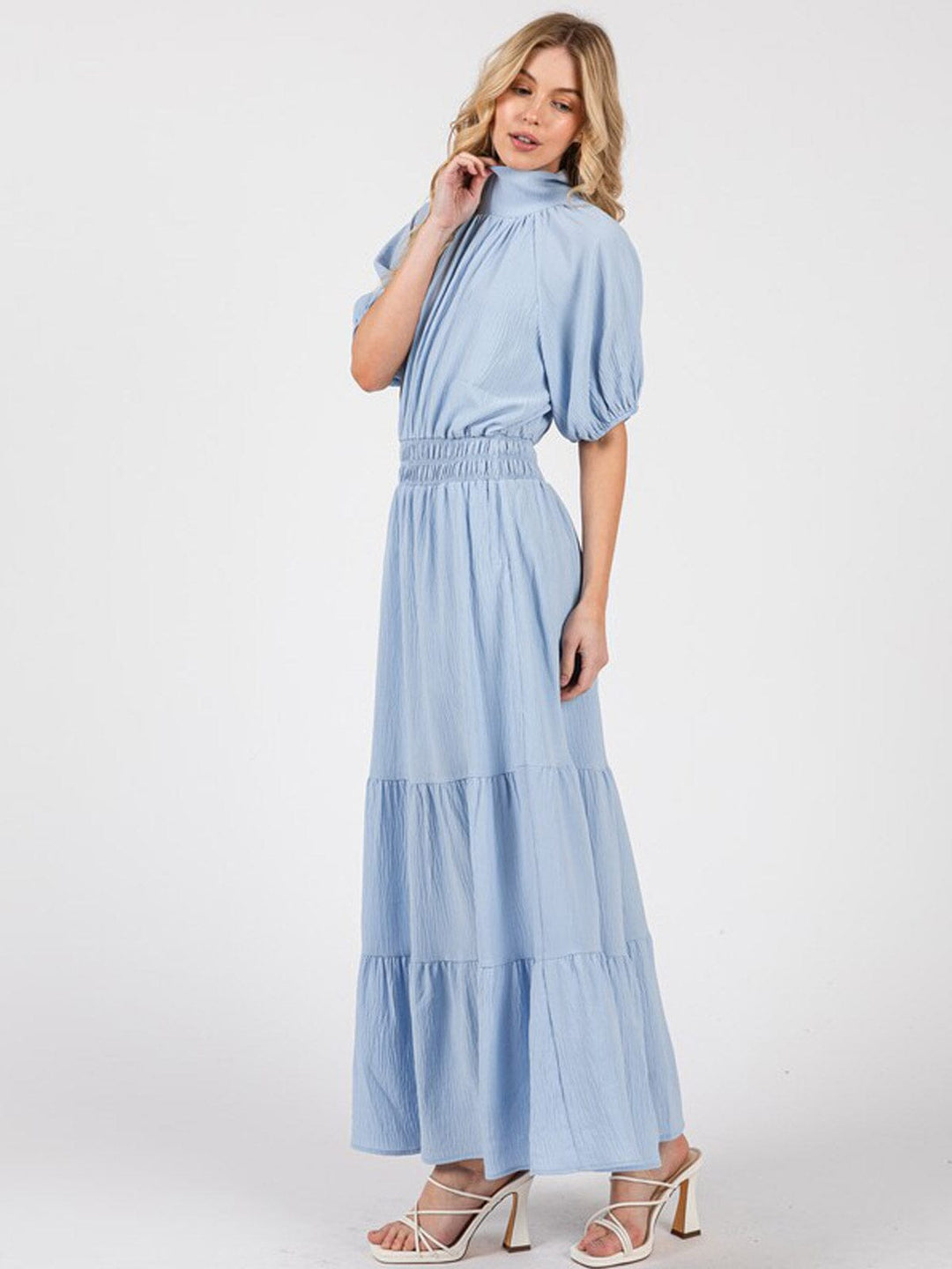 WOMEN'S SHORT SLEEVE ELASTIC WAIST MOCK NECK MAXI DRESS