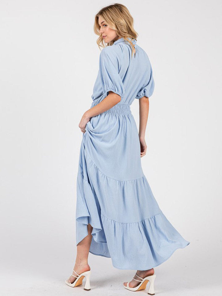 WOMEN'S SHORT SLEEVE ELASTIC WAIST MOCK NECK MAXI DRESS