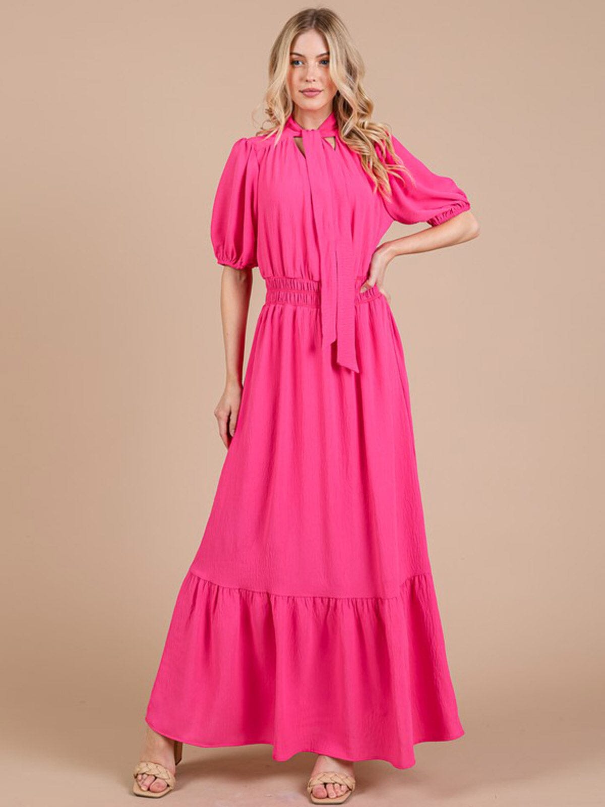 WOMEN'S SHORT SLEEVE ELASTIC WAIST V-NECK TIERED MAXI DRESS