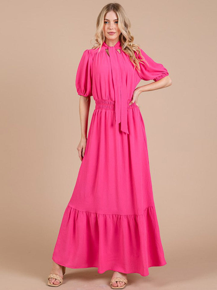 WOMEN'S SHORT SLEEVE ELASTIC WAIST V-NECK TIERED MAXI DRESS