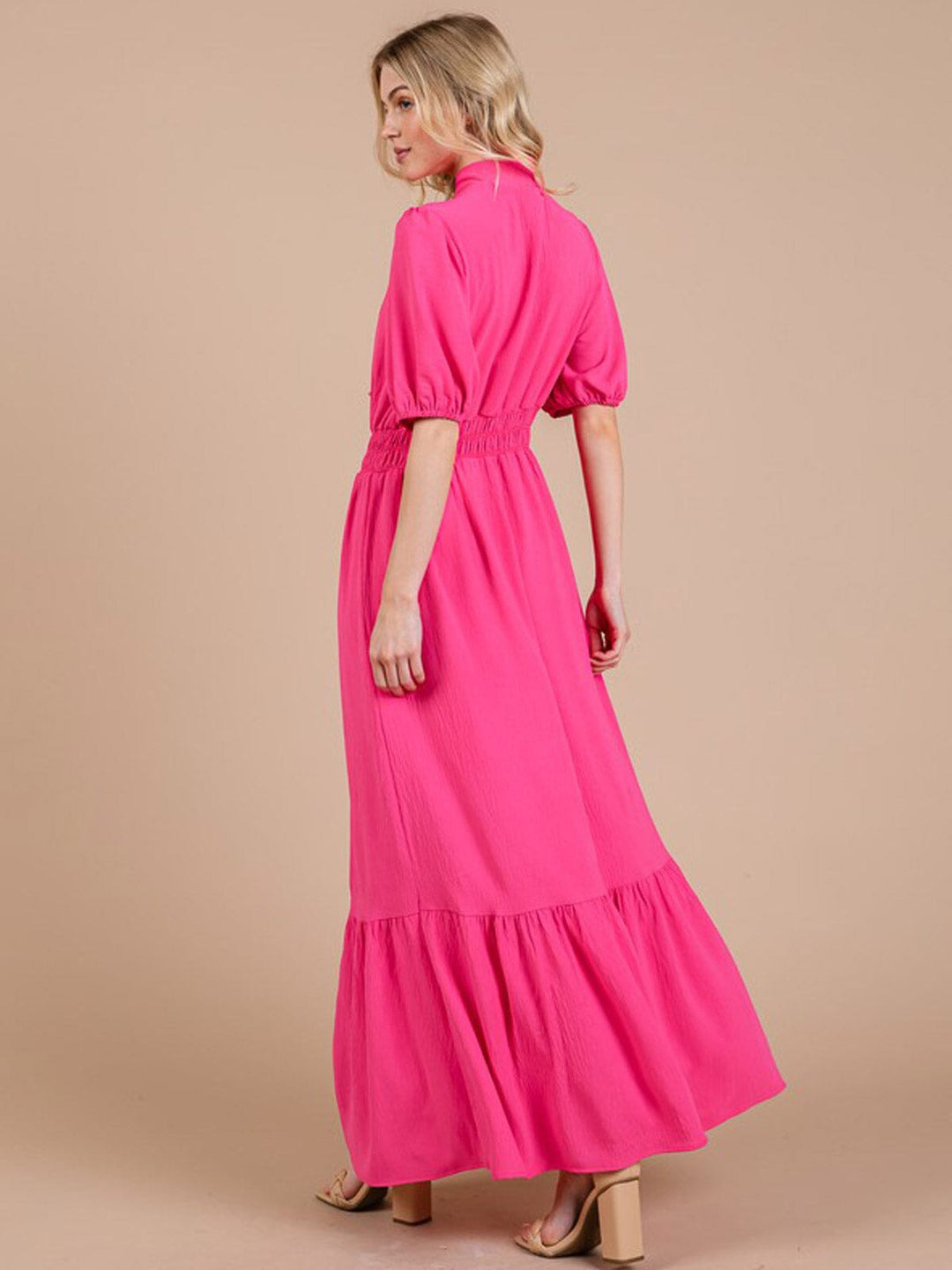 WOMEN'S SHORT SLEEVE ELASTIC WAIST V-NECK TIERED MAXI DRESS