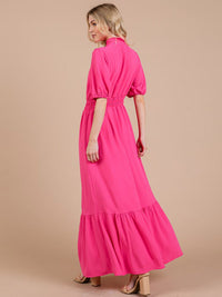 WOMEN'S SHORT SLEEVE ELASTIC WAIST V-NECK TIERED MAXI DRESS