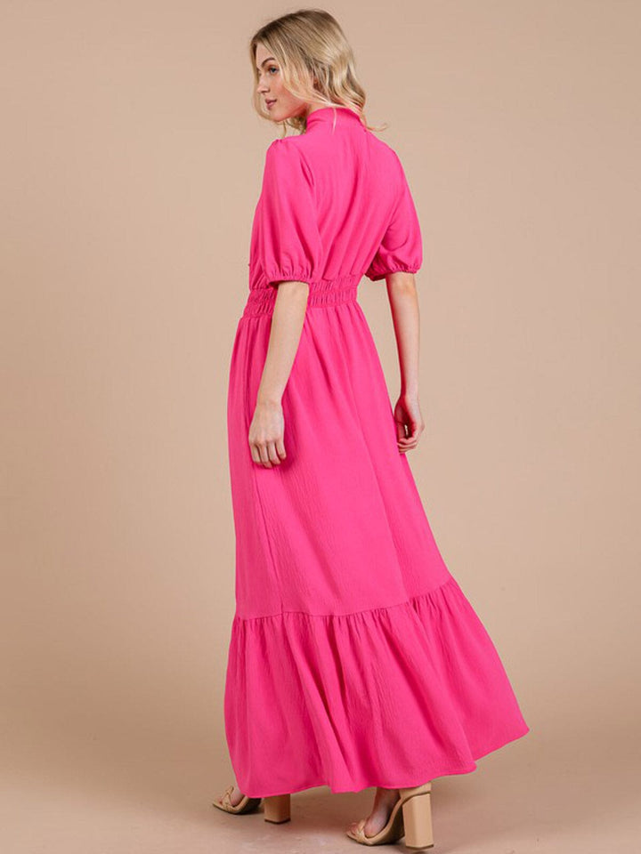 WOMEN'S SHORT SLEEVE ELASTIC WAIST V-NECK TIERED MAXI DRESS