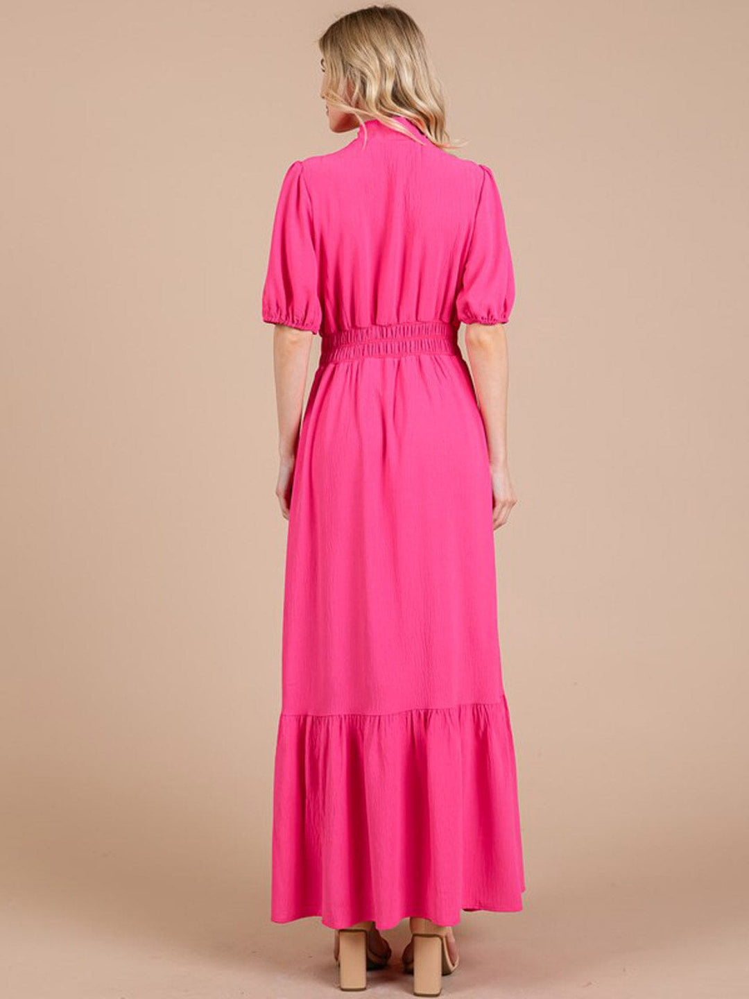 WOMEN'S SHORT SLEEVE ELASTIC WAIST V-NECK TIERED MAXI DRESS