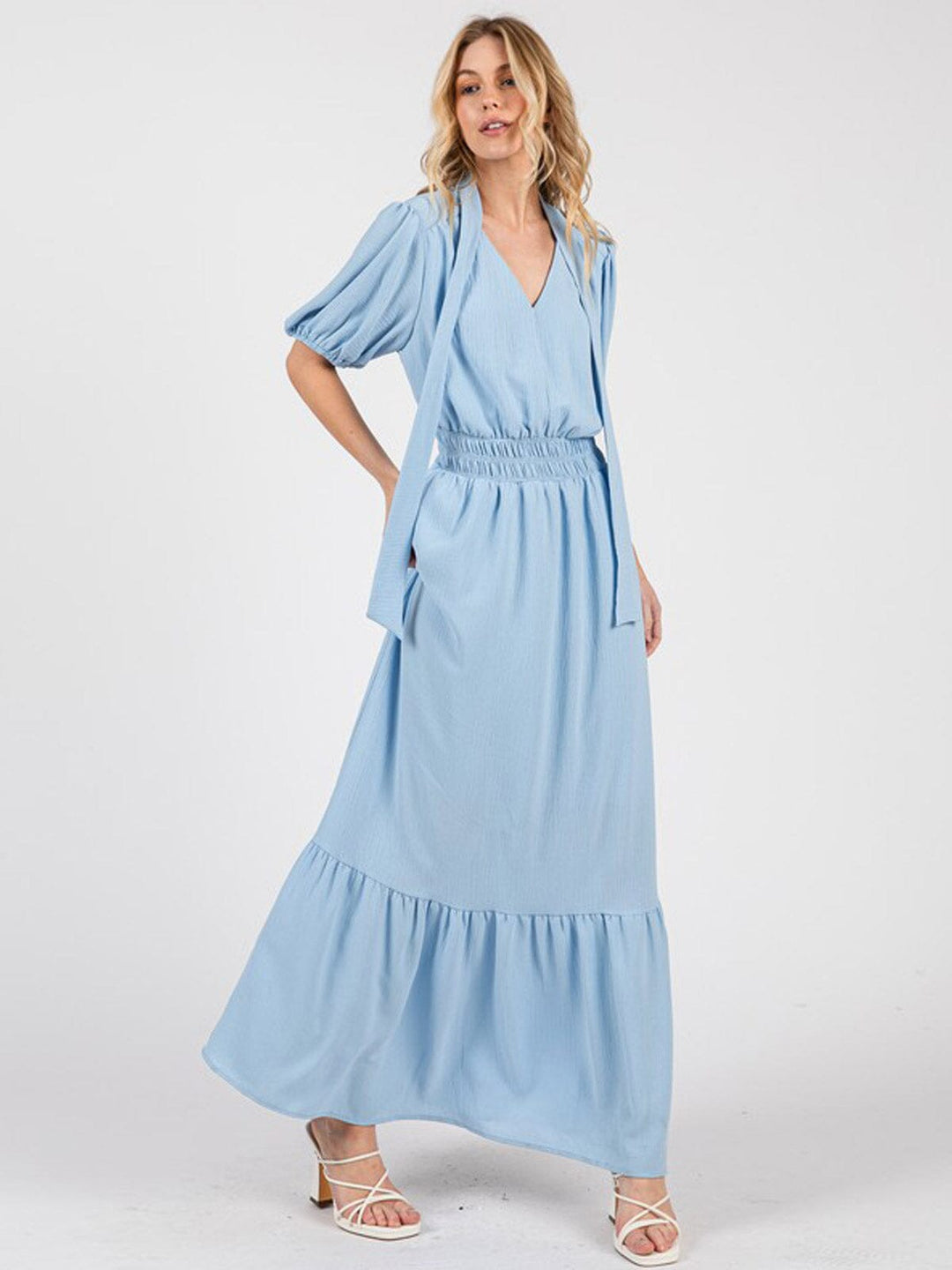 WOMEN'S SHORT SLEEVE ELASTIC WAIST V-NECK TIERED MAXI DRESS