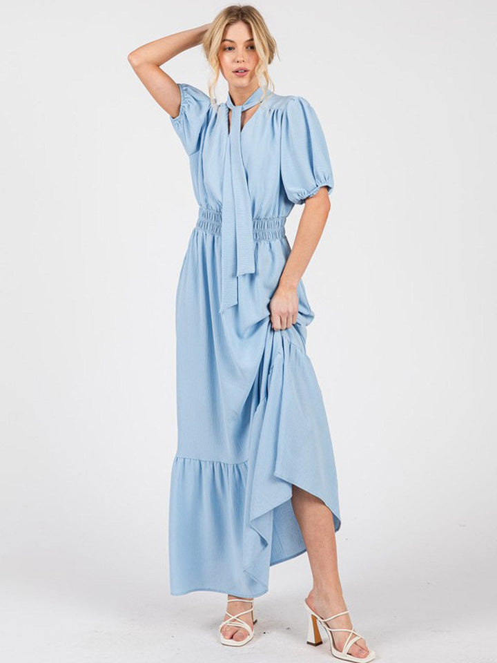 WOMEN'S SHORT SLEEVE ELASTIC WAIST V-NECK TIERED MAXI DRESS