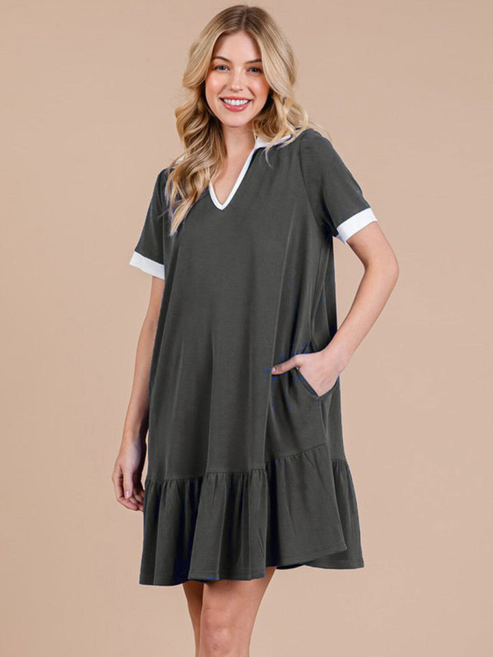 WOMEN'S SHORT SLEEVE V-NECK FRONT POCKETSLOOSE FIT MINI DRESS