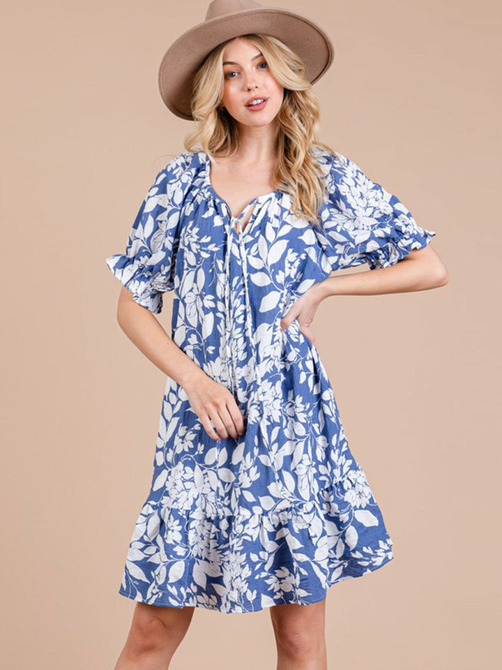 WOMEN'S SHORT SLEEVE V-NECK TIERED FLORAL MINI DRESS
