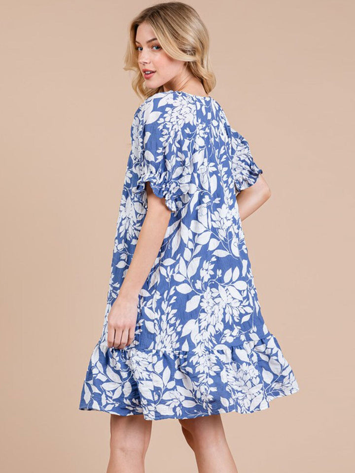 WOMEN'S SHORT SLEEVE V-NECK TIERED FLORAL MINI DRESS