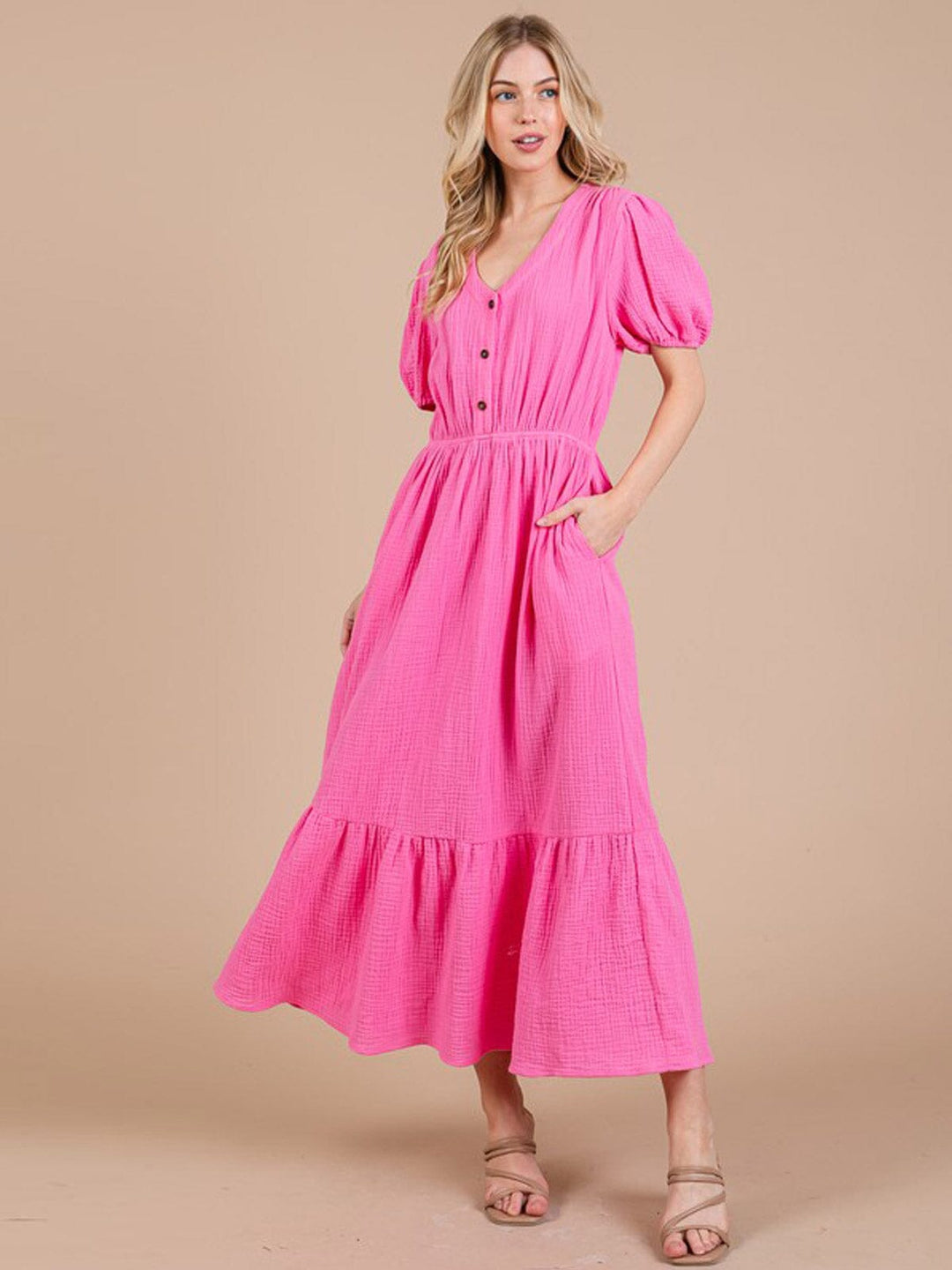 WOMEN'S SHORT SLEEVE ELASTIC WAIST V-NECK FRONT POCKETS MAXI DRESS