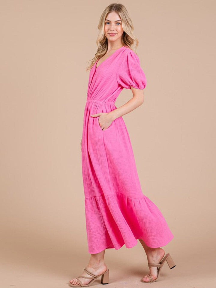 WOMEN'S SHORT SLEEVE ELASTIC WAIST V-NECK FRONT POCKETS MAXI DRESS