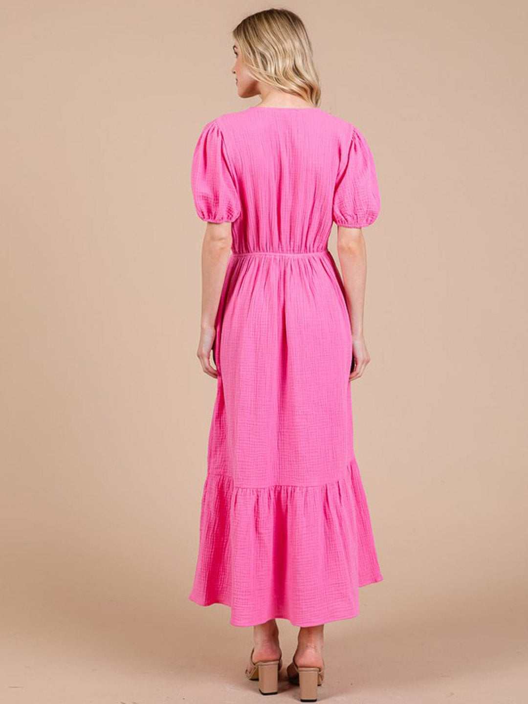 WOMEN'S SHORT SLEEVE ELASTIC WAIST V-NECK FRONT POCKETS MAXI DRESS