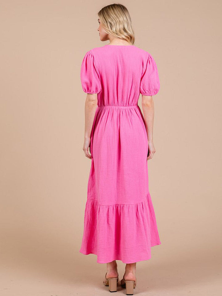 WOMEN'S SHORT SLEEVE ELASTIC WAIST V-NECK FRONT POCKETS MAXI DRESS